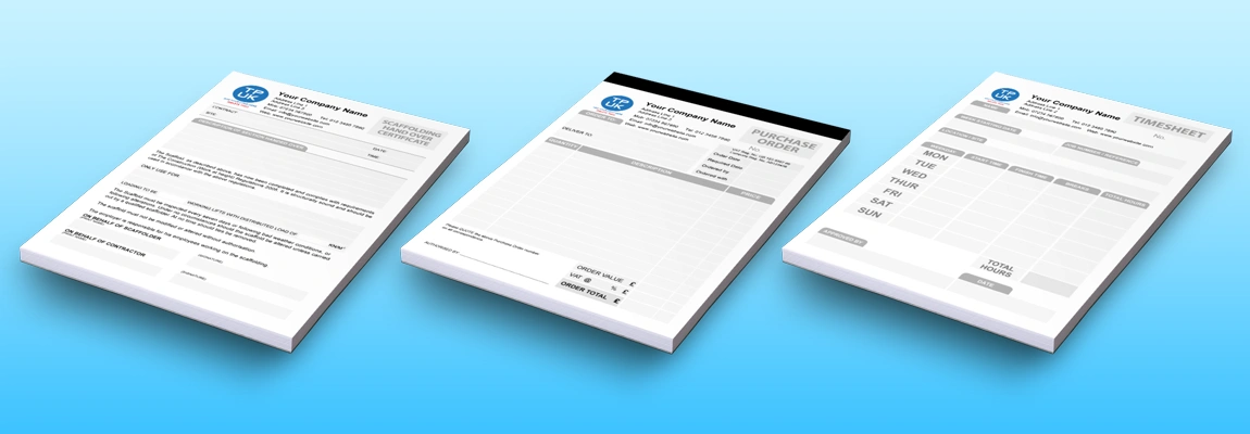 Carbonless NCR Scaffolding Handover Certificate Books, Timesheets and Purchase Order Pads used on building sites and Construction Jobs in the UK and Ireland