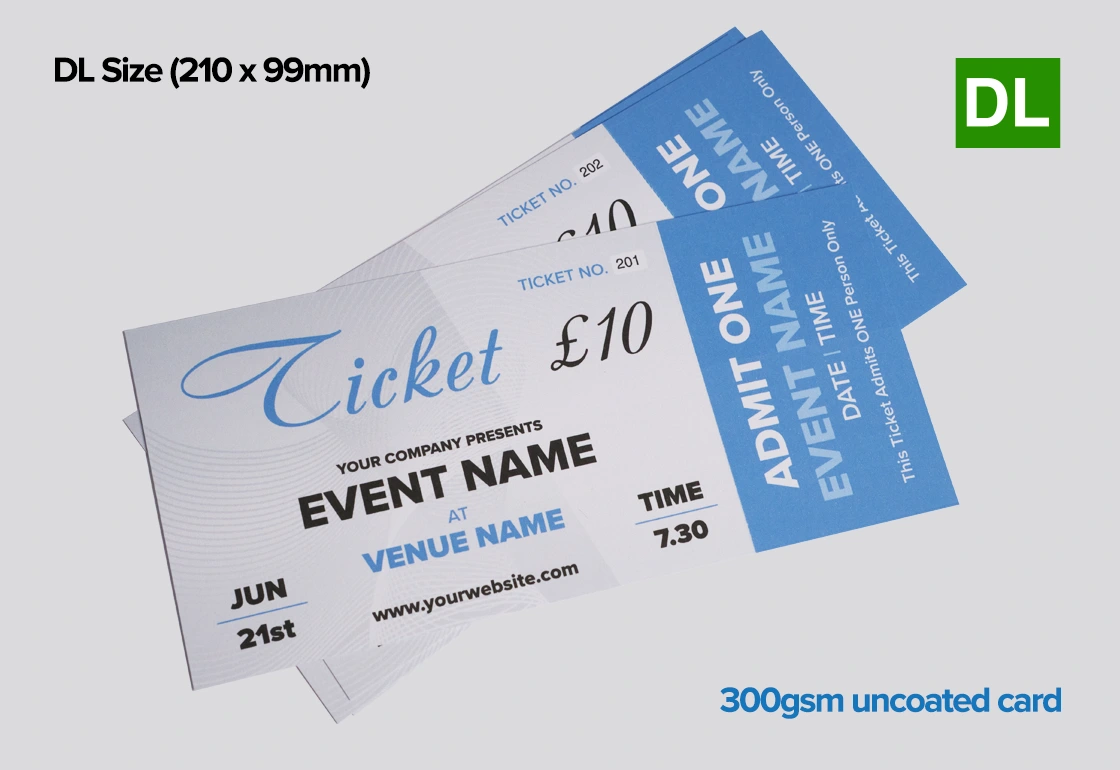 Party and Event tickets printed on an 300gsm uncoated card by TradePrintingUK
