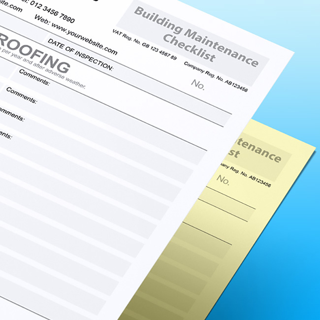 Close-up of a printed carbonless Building Maintenance Checklist Form by TradePrintingUK.com on a gradient blue background. The personalised NCR form features sections including various Roofing and HVACElements, along with contact details