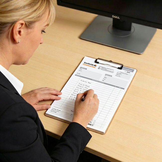 Professional woman writing on a custom printed carbonless Sales Quotation pad from TradePrintingUK.com at an office desk. The personalised NCR form features custom sequential numbering, and a company logo with bespoke address that ideal quotes to clients. A computer monitor is in the background.