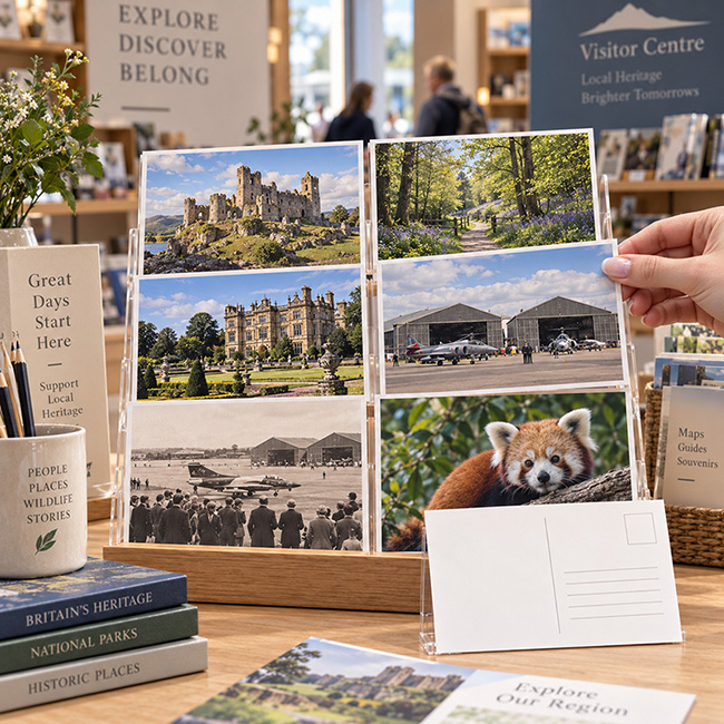 Printed souvenir postcards for a visitor centre gift shop.