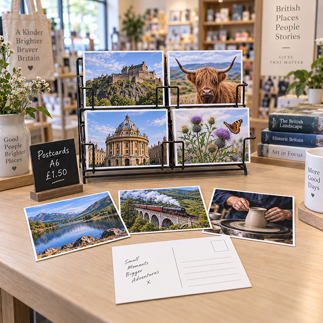 Visitor centre postcards for a coordinated souvenir retail range.