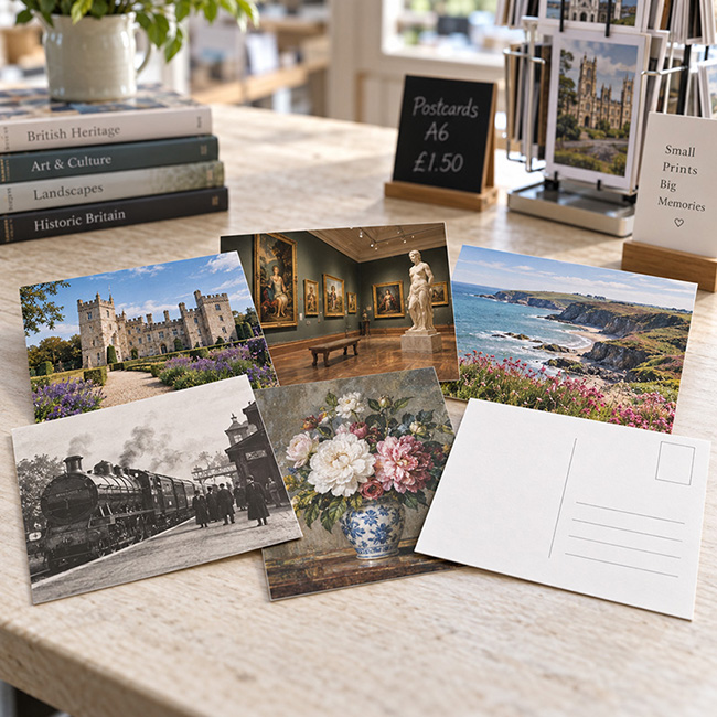 A6 printed postcards displayed in a British visitor centre gift shop, with heritage, museum and landscape scenes ready for retail sale.
