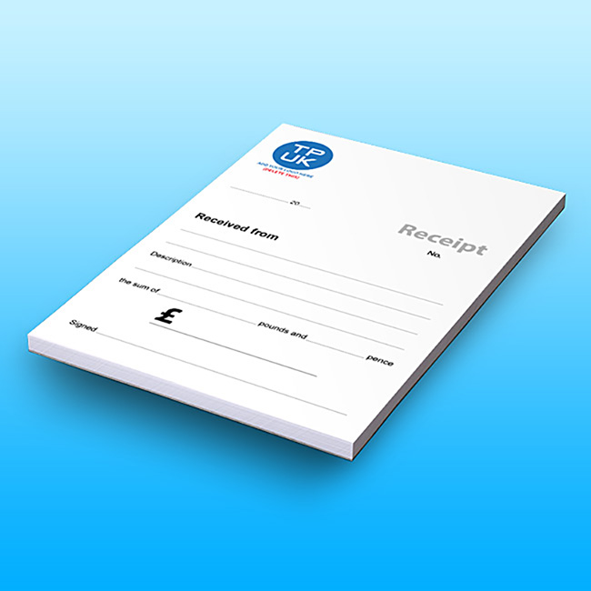 Custom printed carbonless receipt pad by TradePrintingUK.com on a gradient blue background. The personalised NCR form features a 'TPUK' logo, pounds and pence fields, and lines for sales descriptions, ideal for manual business invoicing for UK companies and Charity sector.
