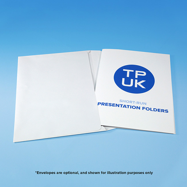 Custom short run printed presentation folders by TradePrintingUK.com on a blue background, showing white business folders with blue TPUK logo and 'Short Run Presentation Folders' text, open to reveal optional envelopes for illustration purposes only, ideal for document organisation within UK government, UK councils, or business meetings.
