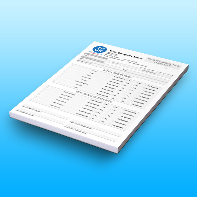Close-up of a printed carbonless Building Maintenance Checklist Form by TradePrintingUK.com on a gradient blue background. The personalised NCR form features sections including various Roofing and HVACElements, along with contact details