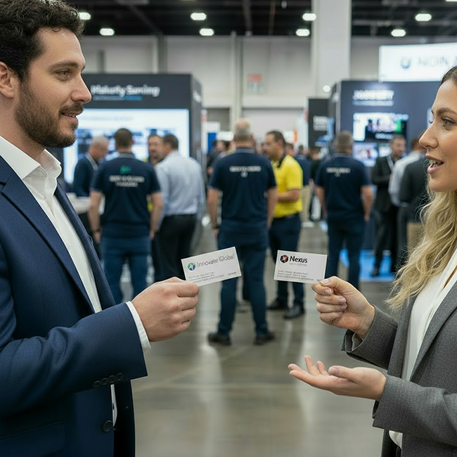 Two professionals in business attire—a man in blue suit and woman in grey jacket—exchange custom printed business cards by TradePrintingUK at a bustling UK trade event with booths and other attendees in smart casual suits in the background, plus signage overhead on a convention floor.