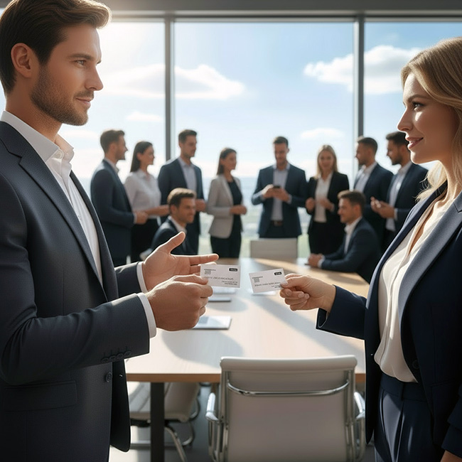 Two professionals in business attire—a man in blue suit and woman in grey jacket—exchange custom printed business cards by TradePrintingUK at a bustling UK trade event with booths and other attendees in smart casual suits in the background, plus signage overhead on a convention floor.