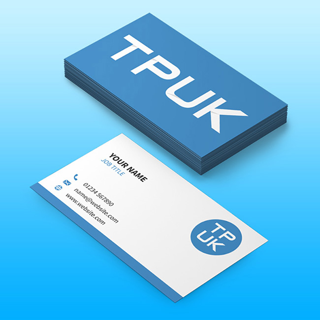 Stack of custom printed laminated business cards by TradePrintingUK.com on a light blue background, showing white cards with blue TPUK logo and Your Name, Job Title placeholders, phone number, email, and website fields on the front, and solid blue reverse with TPUK branding, designed for professional networking and durability in business settings.