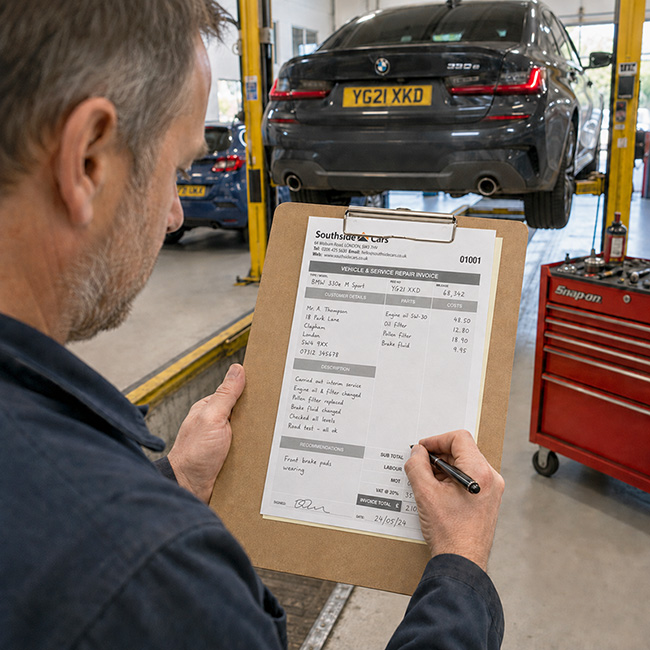 Mechanic completing an A5 carbonless service repair invoice beside a BMW on a garage lift.