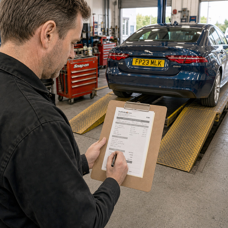 Mechanic recording service recommendations on an A5 carbonless repair invoice beside a blue Jaguar XE in a British garage.