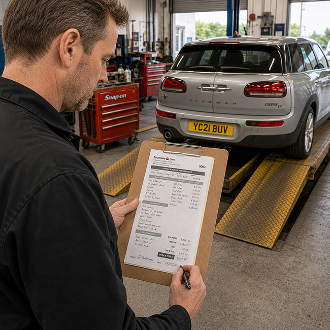 Mechanic completing an A5 carbonless service repair invoice beside a silver MINI Clubman on a workshop ramp.