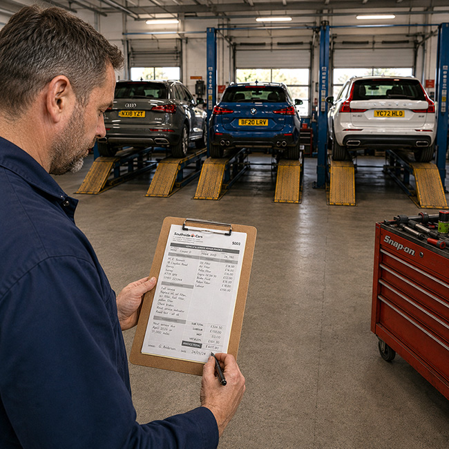 Car mechanic completing an A5 service repair invoice in a busy British workshop with three vehicles positioned on separate service ramps.