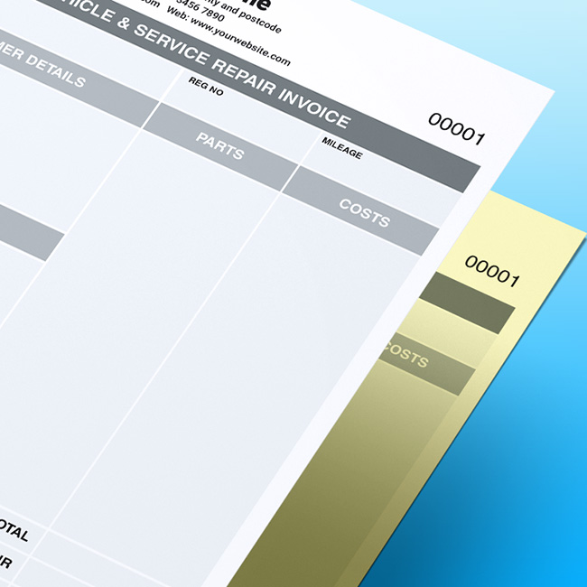 Close-up of a 2-part Car Mechanic Vehicle and Service Repair Invoice NCR form on a blue gradient background, showing the white top sheet, yellow duplicate, invoice number, vehicle, parts and costs fields.