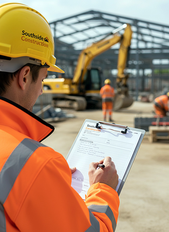 Male construction worker in a yellow hard hat and orange hi-vis jacket writing on a Confirmation of Verbal Instruction (CVI) form on a clipboard, with an excavator and site structures in the background.