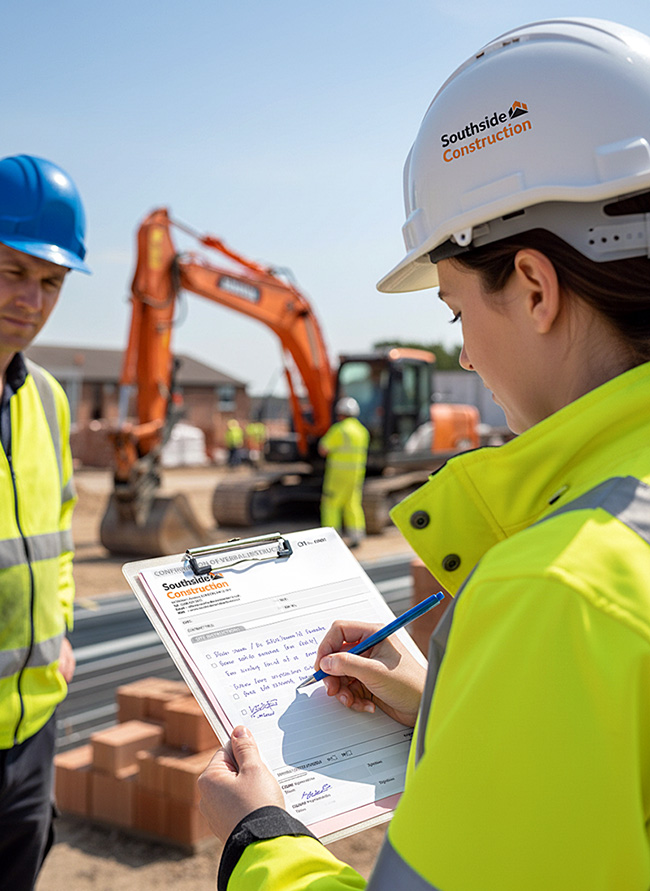 Female construction worker in a white hard hat and yellow hi-vis jacket writing on a Confirmation of Verbal Instruction (CVI) NCR form on a clipboard, with an excavator and another male construction worker in the background.
