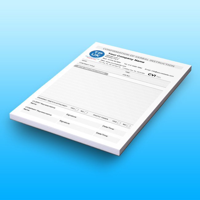 Angled stack of Confirmation of Verbal Instruction (CVI) forms on a blue gradient background, showing the ‘Site Instructions’ field, checkboxes for drawings/photos, and signature lines for client and company representatives.