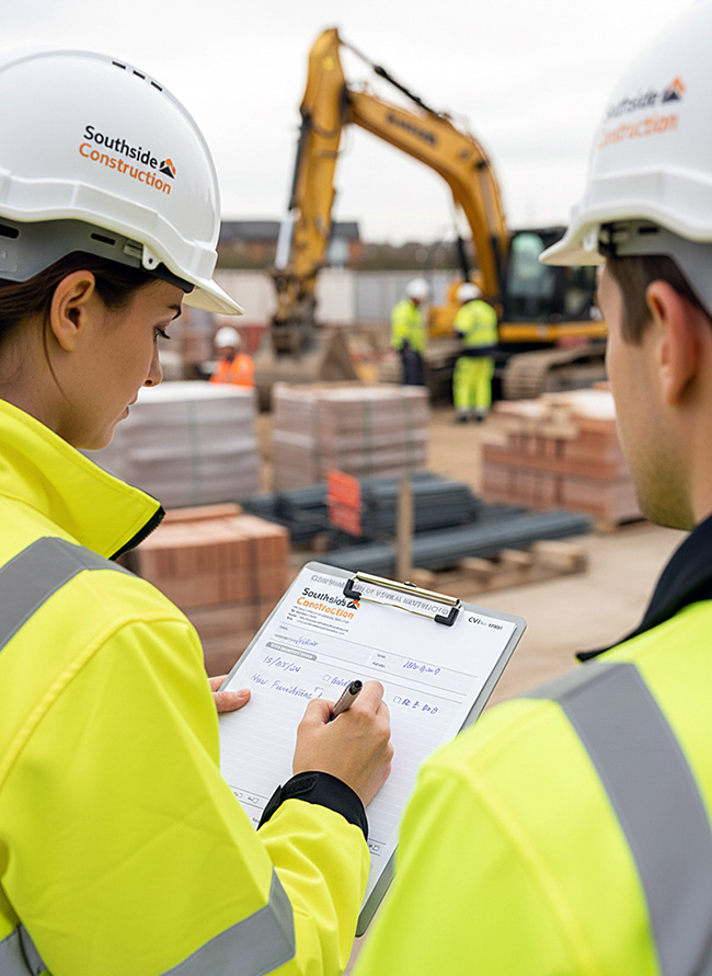 Female construction worker in a white hard hat and yellow hi-vis jacket writing on a Confirmation of Verbal Instruction (CVI) form on a clipboard, with an excavator and other workers in the background.