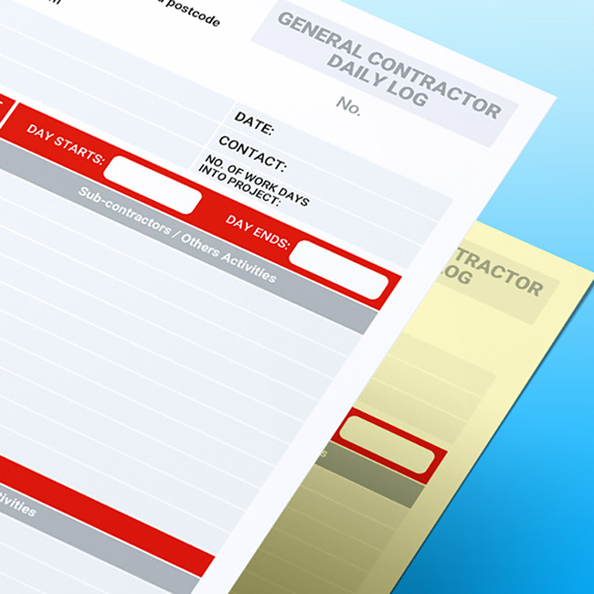 Close-up of a stacked General Contractor Daily Log NCR form on a blue gradient background, showing the daily log header, fields for date, contact and number of work days into project, red-outlined boxes for day start and end times, and lined sections for subcontractors’ and others’ activities, with a yellow duplicate sheet underneath.