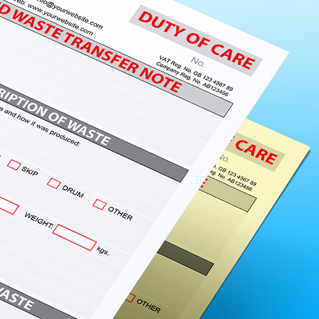 Close-up of a stacked Controlled Waste Transfer Note NCR form on a blue gradient background, showing the ‘DUTY OF CARE’ and form header, fields for company and VAT registration, a section for 'DESCRIPTION OF WASTE' including how it was produced, checkboxes for containment methods like skip, drum, or other, and a field for weight in kgs, with a yellow duplicate sheet underneath.”
