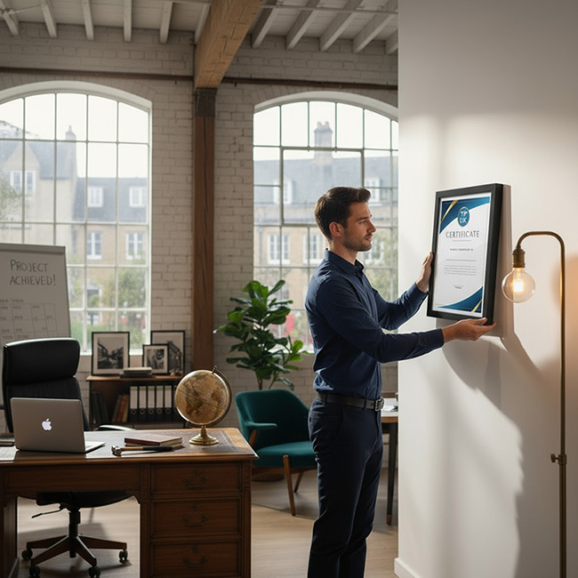 Man in blue shirt hanging a framed custom printed award certificate by TradePrintingUK.com on the wall in a modern office with large windows, whiteboard, plants, globe, desk, and lamp, showcasing achievement recognition display.