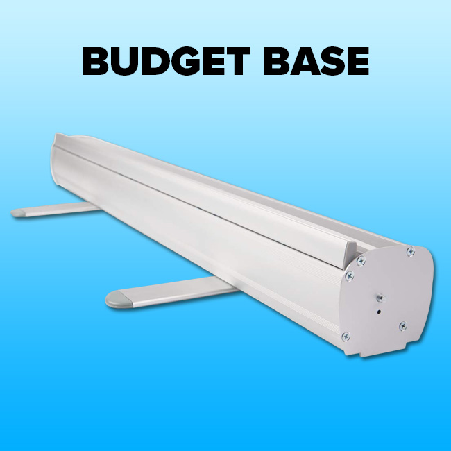Lightweight silver aluminium base unit of a budget roller banner stand by TradePrintingUK.com, featuring two stabilising swing-out feet for balance and a retractable spring-tensioned mechanism housing the graphic, set against a plain blue background.
