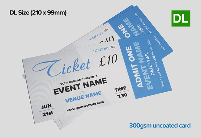 Party and Event tickets printed on an 300gsm uncoated card by TradePrintingUK