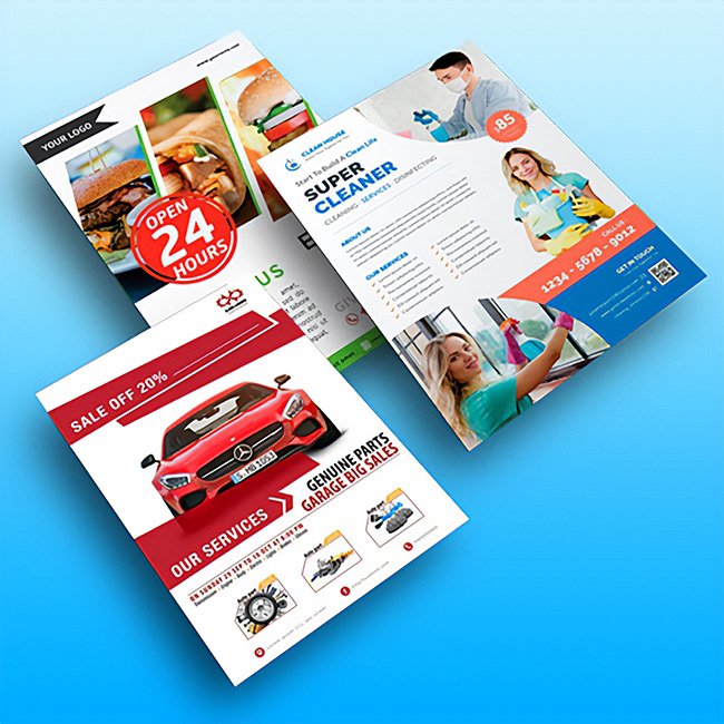 Set of three angled custom printed A4 flyers and leaflets by TradePrintingUK.com on white background