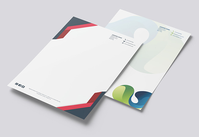 Collection of custom printed letterhead templates from TradePrintingUK.com on 120gsm Bond with modern geometric design variants in red, green, and blue gradients. Each personalised stationery sheet includes contact information and social media icons