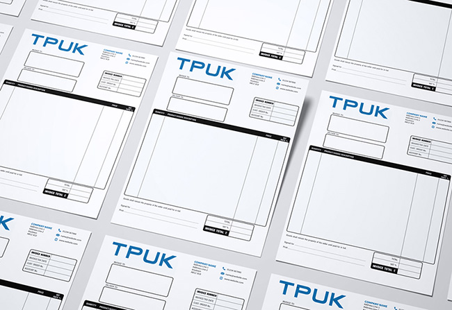 Tiled arrangement of custom printed TPUK letterheads from TradePrintingUK.com on 120gsm Bond displayed at varied angles. Multiple personalised stationery sheets feature blue TPUK logos and black footer bands, showcasing consistent branding and professional layout.