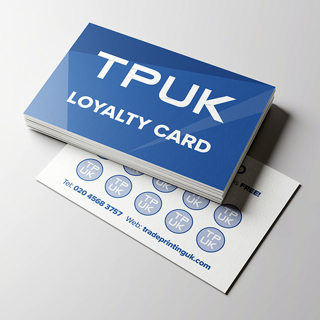 Custom printed loyalty card by TradePrintingUK.com on white background, displaying blue TPUK logo, multiple circular stamp positions, phone number, website, and FREE text on reverse for customer tracking, designed for coffee shops and cafes printed on durable 300gsm stock.