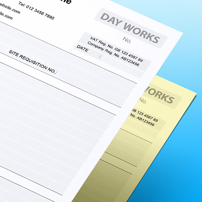 Close-up of stacked Dayworks NCR forms on a blue gradient background, showing the ‘DAY WORKS’ header with fields for date, VAT registration, and a dedicated section for ‘Site Requisition No.’, with a yellow duplicate sheet visible beneath.