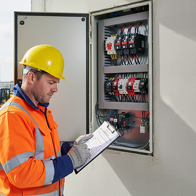 Electrician in lime hi-vis and yellow hard hat completing an Electrical Permit to Work from TradePrintingUK.com on a clipboard beside an electrical distribution panel with red circuit switches and colour-coded wiring, with construction equipment visible in the background.