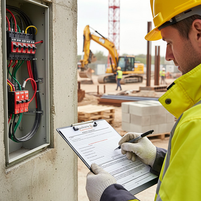 Electrician in lime hi-vis and yellow hard hat completing an Electrical Permit to Work from TradePrintingUK.com on a clipboard beside an electrical distribution panel with red circuit switches and colour-coded wiring, with construction equipment visible in the background.