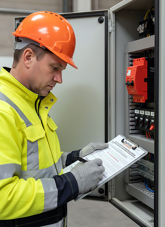 Electrician in lime hi-vis and orange hard hat completing an Isolation Certificate for Electrical Systems by TradePrintingUK.com on a clipboard beside an electrical distribution panel with red and black circuit switches, within an industrial building.