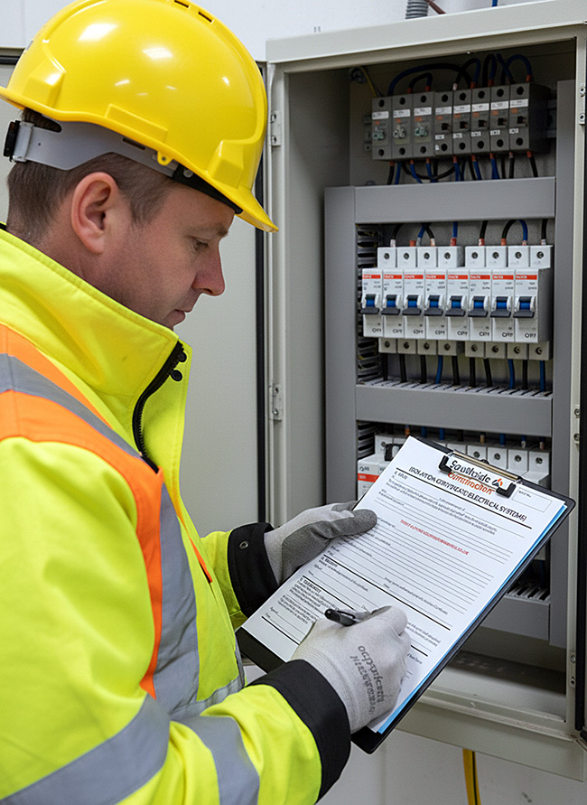 Electrician in lime hi-vis and yellow hard hat completing an Electrical Systems Isolation Certificate, printed on Carbonless NCR paper by TradePrintingUK.com, writing a certificate form on a clipboard beside an electrical distribution panel with black circuit switches, within an industrial building.