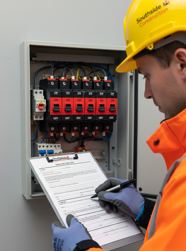 Electrician in lime hi-vis and yellow hard hat completing an Electrical Sanction For Test form from TradePrintingUK.com on a clipboard beside an electrical distribution panel with red circuit switches and colour-coded wiring, with construction equipment visible in the background.