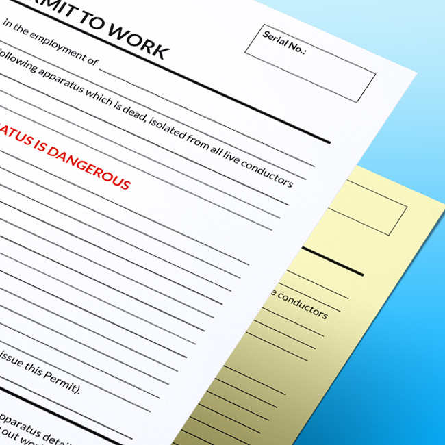 Close-up of an Electrical Permit to Work NCR form on a blue gradient background, showing the permit header, serial number box, a warning that ‘this apparatus is dangerous,’ and lined fields for apparatus details, with a yellow duplicate sheet underneath.