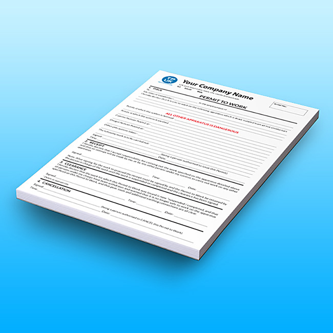 Custom printed Electrical Permit to Work carbonless NCR from TradePrintingUK.com on a gradient blue background. The personalised safety form features a blue TPUK logo, 'Your Company Name' field, and structured sections for electrical hazards, precautions, and authorisation details.