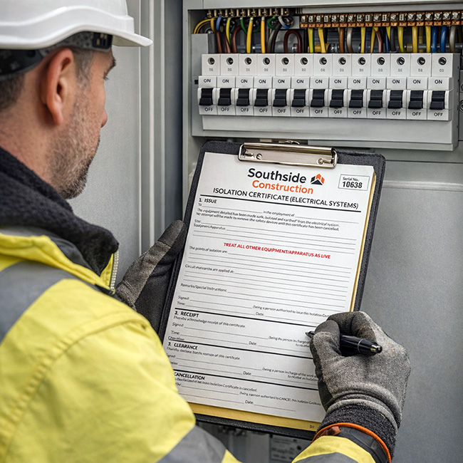 Electrician in lime hi-vis and white hard hat completing an Electrical Systems Isolation Certificate form by TradePrintingUK.com on a clipboard in front of an electrical distribution panel with black circuit switches, within an industrial building.