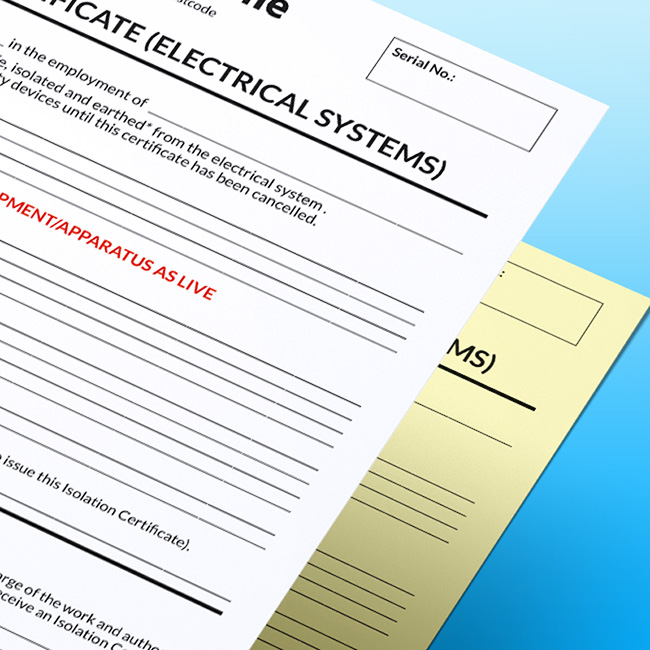 Close-up of an Electrical Isolation Certificate NCR form on a blue gradient background, showing the certificate header, serial number box, a warning about ‘apparatus as live,’ and section lines for isolation details, with a yellow duplicate sheet underneath.