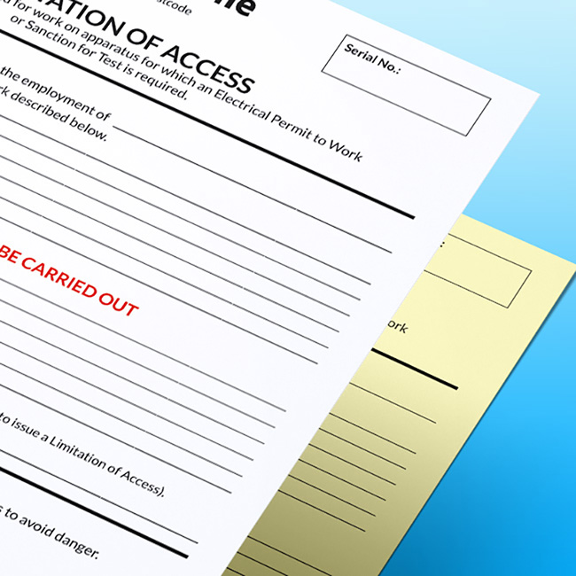 Close-up of a stacked Electrical Limitation of Access NCR form on a blue gradient background, showing the certificate header, serial number box, employment details, and a red-letter warning that work must 'BE CARRIED OUT' safely, with a yellow duplicate sheet visible underneath.