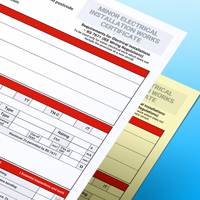 Close-up of a stacked Minor Electrical Installation Works Certificate NCR form on a blue gradient background, showing the certificate header referencing BS 7671 IEE Wiring Regulations, and technical fields for circuit details, with a yellow duplicate sheet visible.