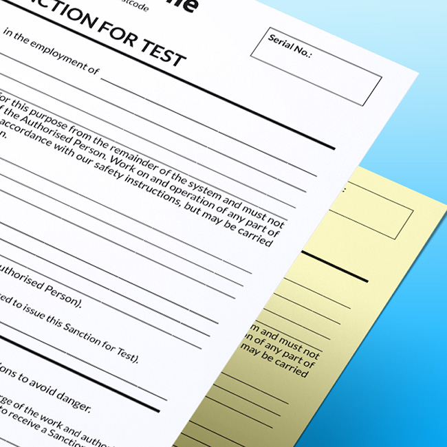 Close-up of a stacked Electrical Sanction For Test NCR form on a blue gradient background, showing the certificate header, serial number box, employment details, and safety instruction text, with a yellow duplicate sheet underneath.