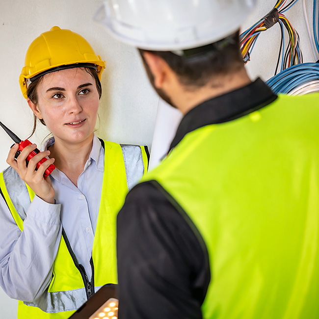 Female electrician in yellow hard hat and hi-vis vest holds electrical tester while consulting with colleague on building site, demonstrating professional electrical contractor teamwork requiring job receipts and documentation for UK trade projects.