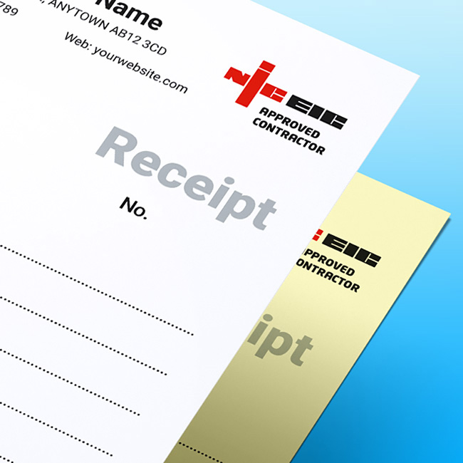NICEIC approved contractor electrician receipt book with duplicate NCR forms showing white top copy and yellow carbon copy on blue background, featuring customisable business details and professional trade documentation for UK electrical contractors.