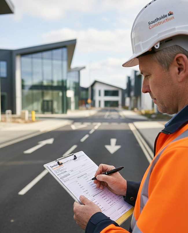 Worker in hard hat and hi‑vis vest fills out a facilities inspection checklist NCR form on a metal clipboard outside industrial units in the UK