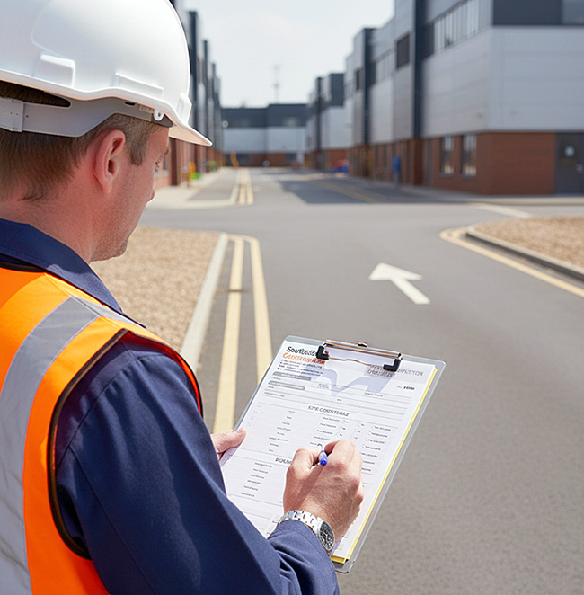 Worker in hard hat and hi‑vis vest fills out a facilities inspection checklist NCR form on a metal clipboard outside industrial units in the UK