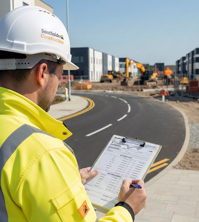 Worker in hard hat and hi‑vis vest fills out a facilities inspection checklist NCR form on a metal clipboard outside industrial units in the UK
