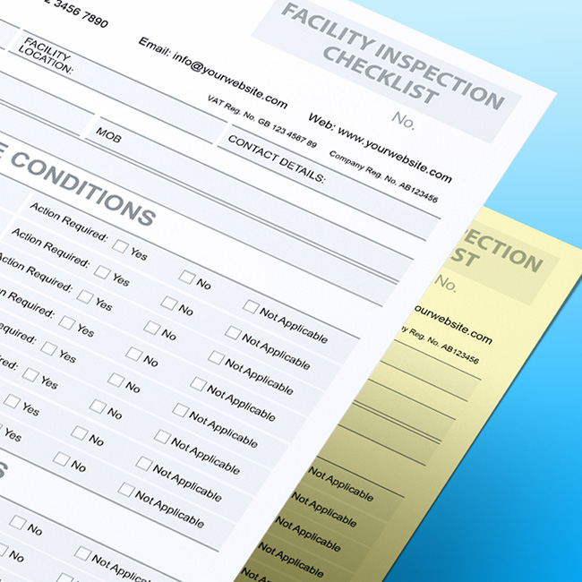 Close-up of a printed carbonless Facilities Inspection Checklist Form by TradePrintingUK.com on a gradient blue background. The personalised NCR form features sections including various Site Conditions and Building Elements, along with contact details
